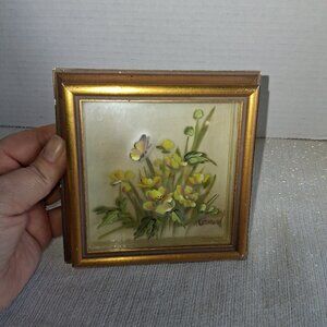 MCM Vintage Layered Glass 3D Susan Comish Signed Frame Painting Floral Butterfly